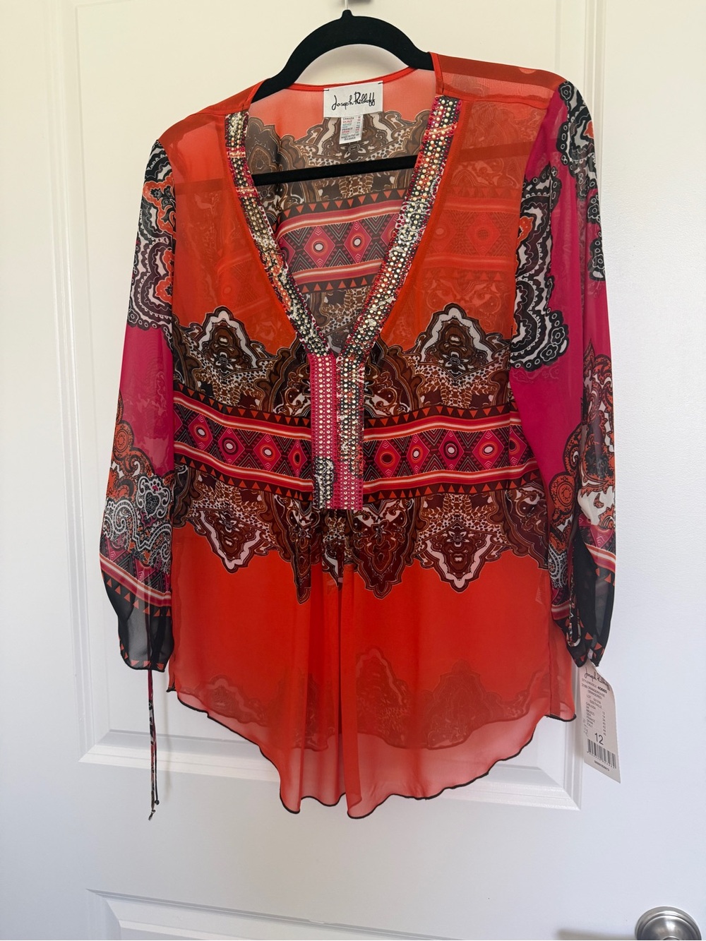 Joseph Ribkoff Orange and Pink Sheer Beaded V-Neck Tunic